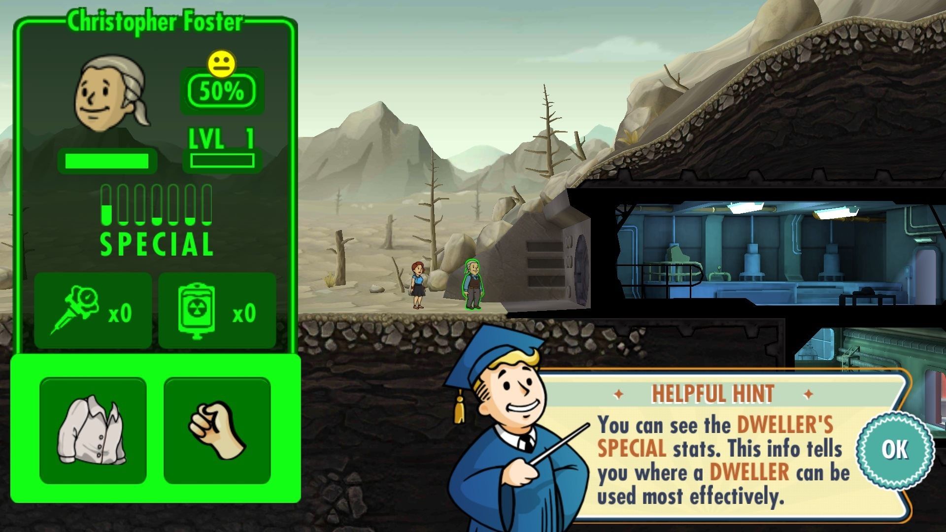 Tapping on a dweller brings up their vitals.