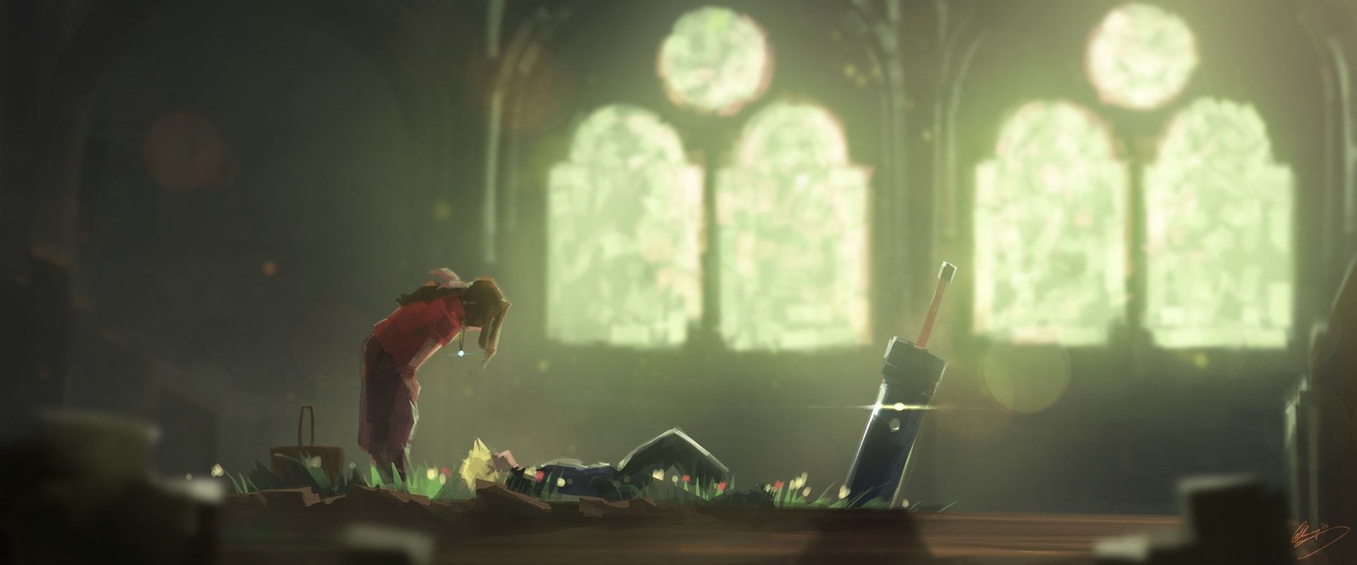 Final Fantasy VII Remake concept art. Featuring Cloud &amp; Aerith in the Sector 5 Church.