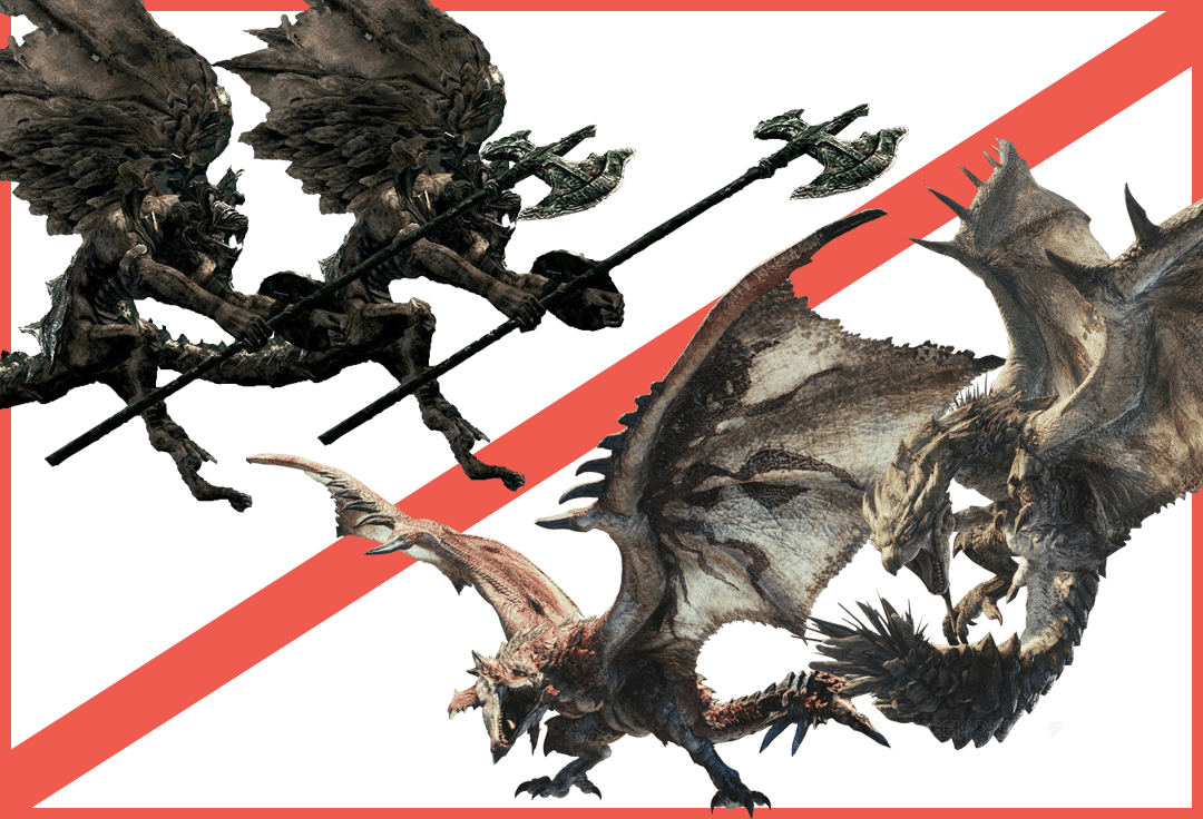 mhw-bloodborne-dark-souls-rathalos-rathian-vs-belfry-gargoyles