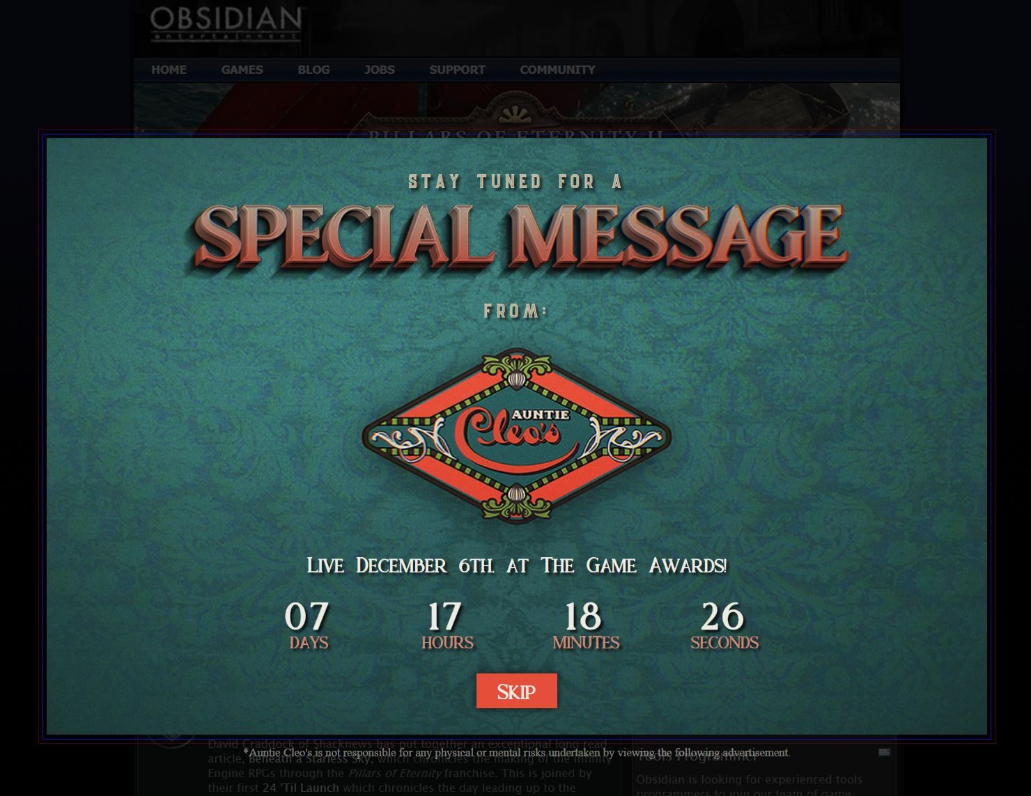 Obsidian Countdown The Game Awards 2018