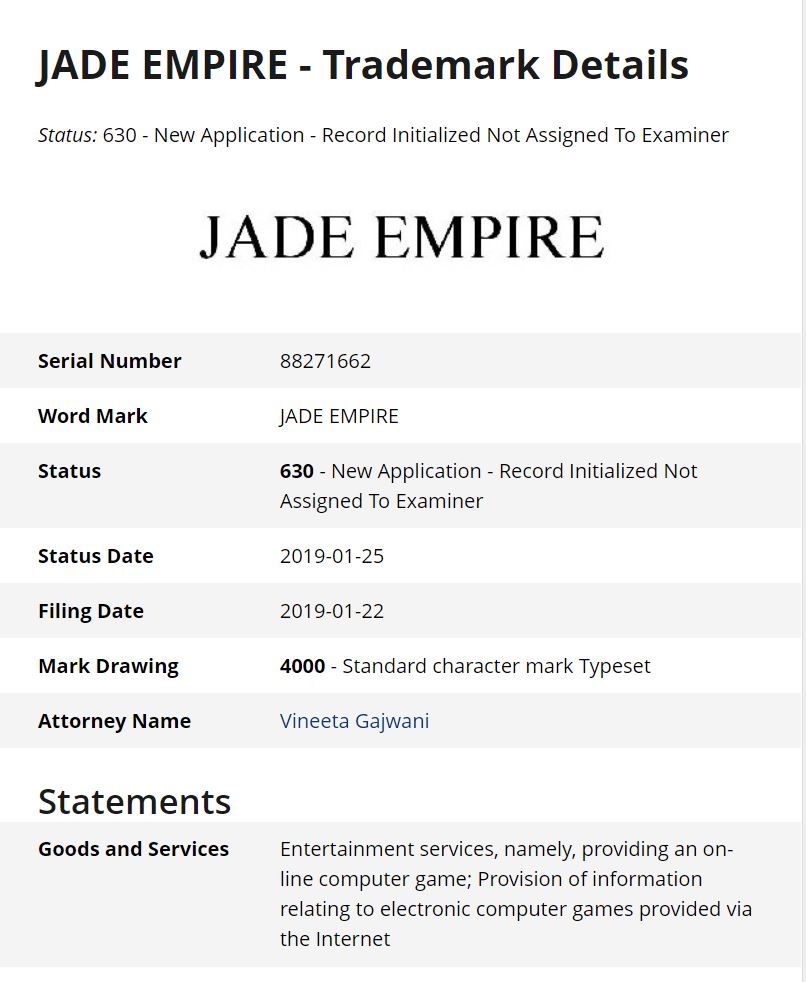 EA Files Trademark for Jade Empire