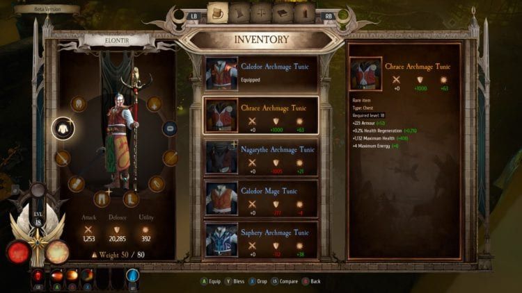 Warhammer Chaosbane inventory with Gamepad