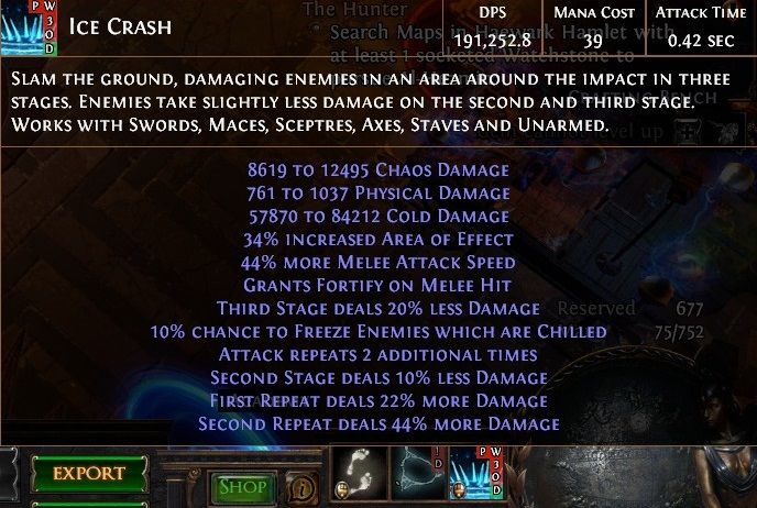 Ice crash damage breakdown from the build in 3.10 (Delirium)