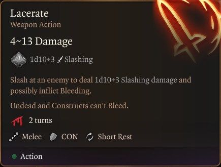Baldur’s Gate 3 Warlock Build Guide Melee Warlock (Advanced Guide) Lacerate Weapon Action