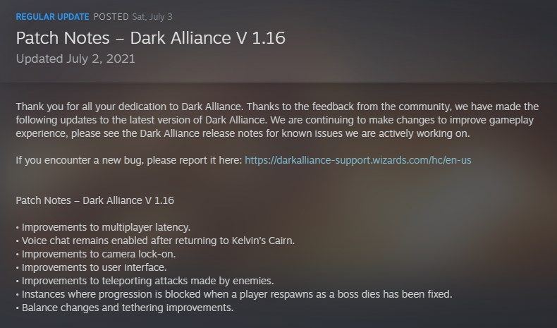 D&amp;D Dark Alliance Patch Notes V1.16