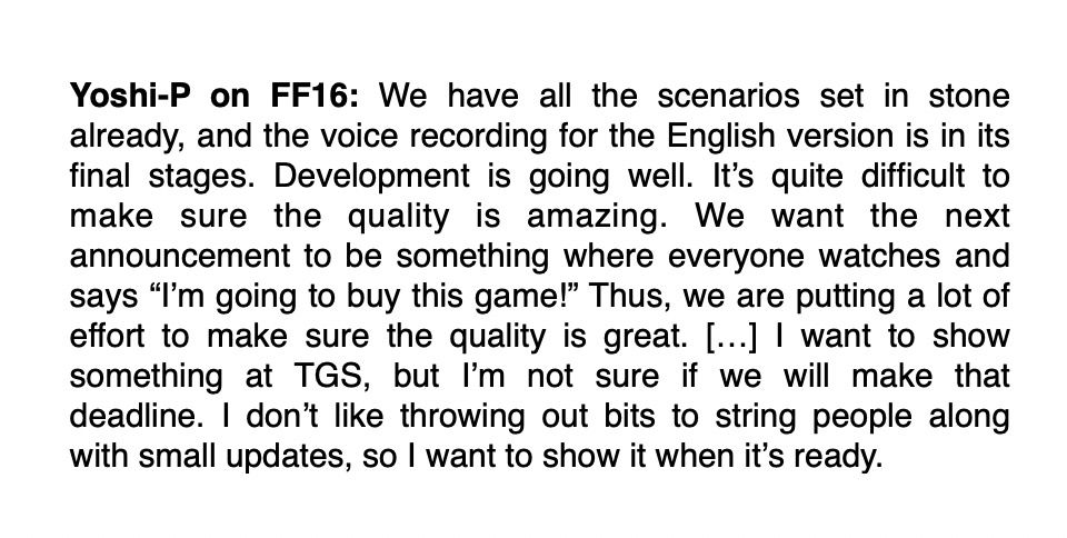 Final Fantasy XVI At the Next Tokyo Game Show Looking More Unlikely