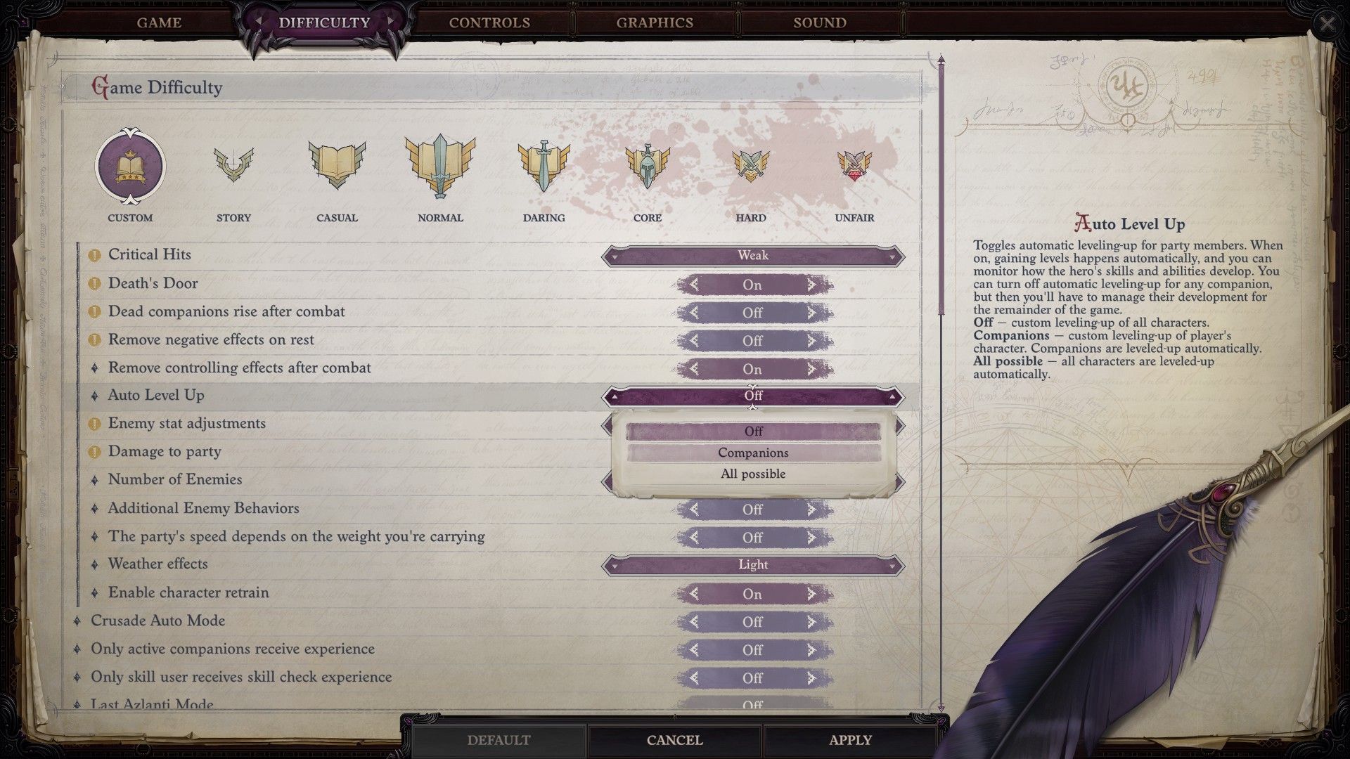 Pathfinder WotR Companions and Difficulty Settings Auto Level Up