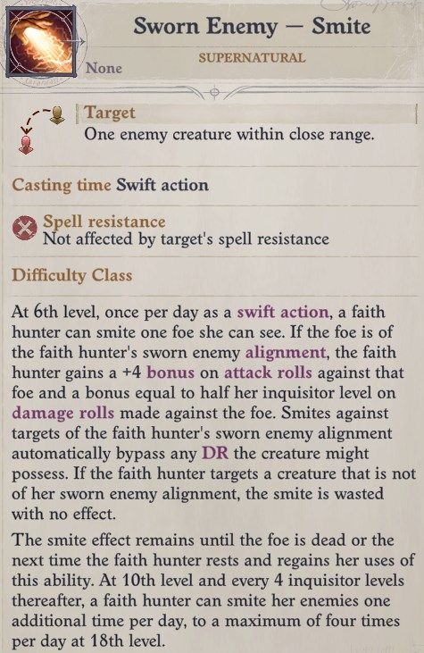 Sworn Enemy - Smite Ability Faith Hunter Inquisitor Pathfinder Wrath of the Righteous Build