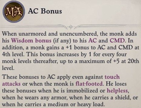 AC Bonus Class Feature Zen Archer Monk Pathfinder Wrath of the Righteous Build