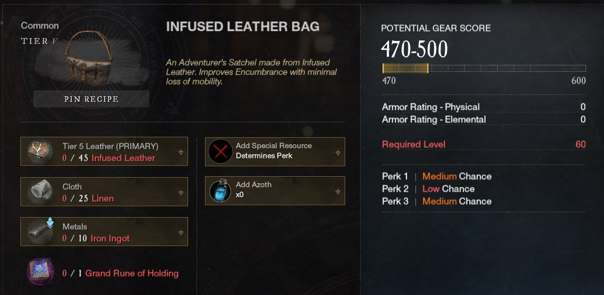 Infused Leather Bag from Armoring New World Best Crafting Professions For Any Level