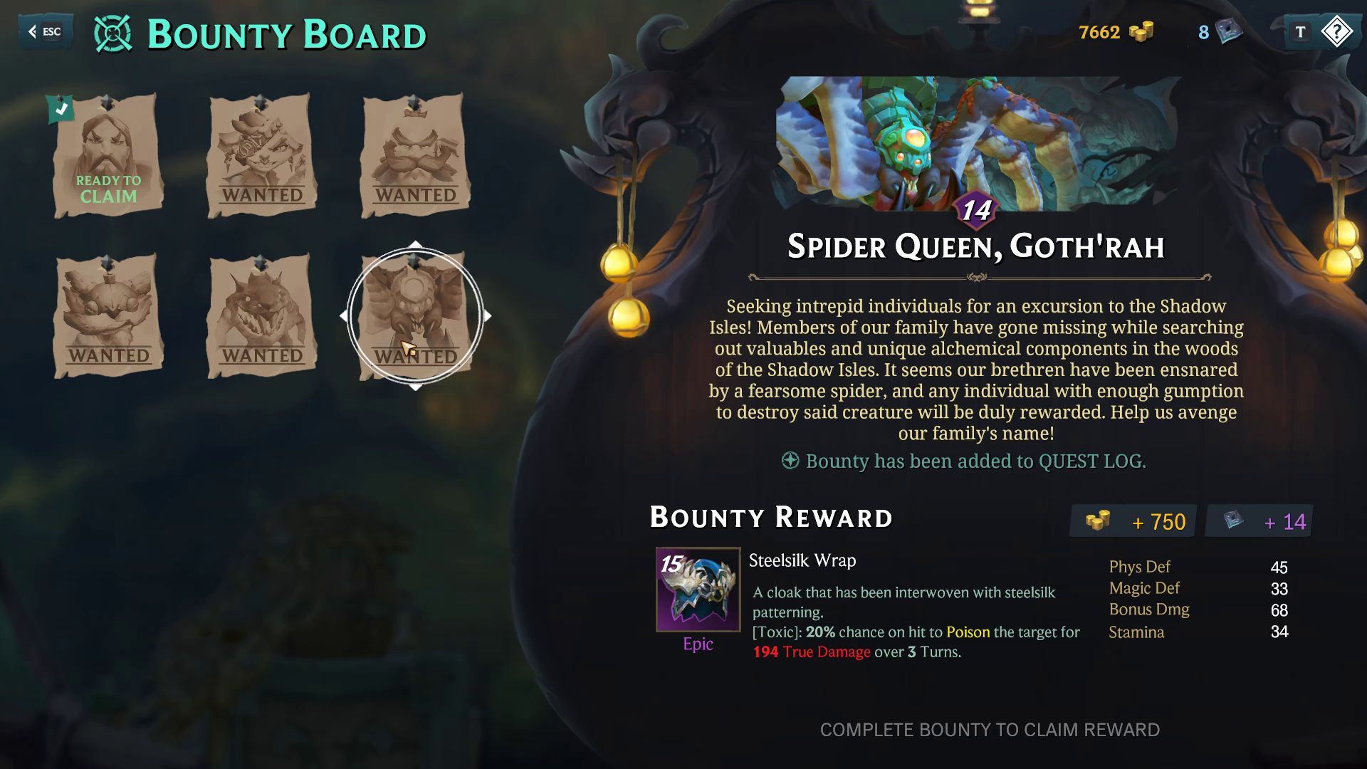 Bounty Board in the Ruined King Getting Started Guide