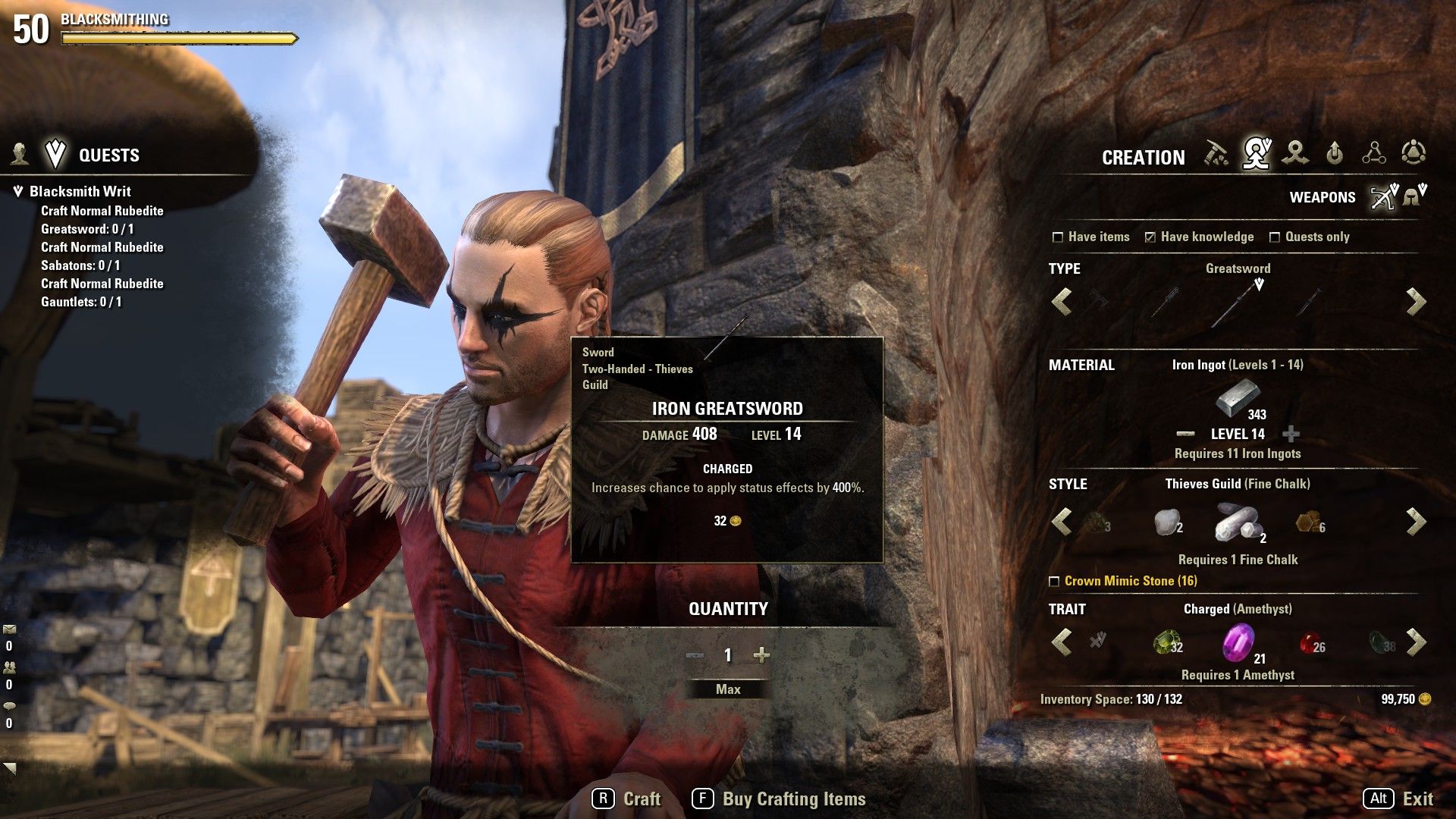 ESO Blacksmithing Creating a Weapon