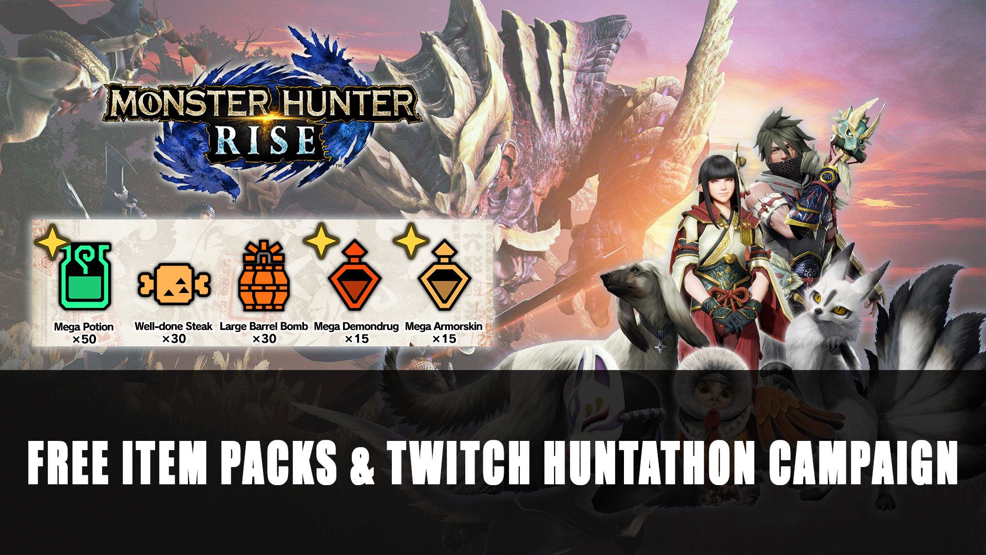 Monster Hunter Rise Free Item Packs and Twitch Huntathon Campaign