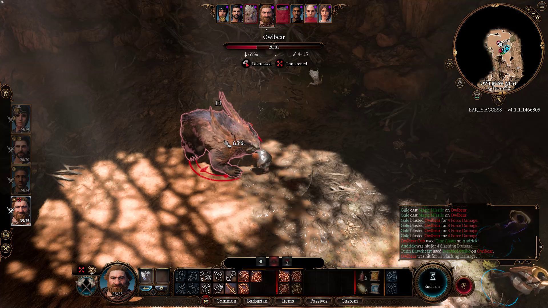 Baldur&rsquo;s Gate 3 Barbarian Frenzied Strike in Combat Against Owlbear