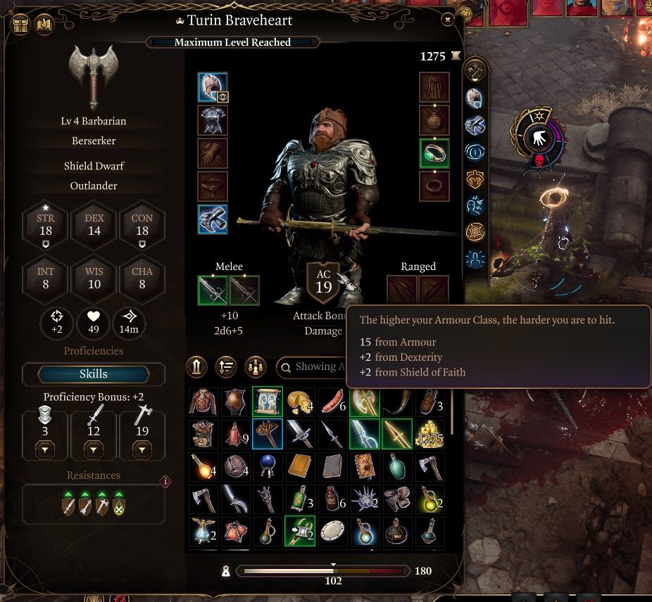 Baldur&rsquo;s Gate 3 Barbarian Level 4 Equipment and AC