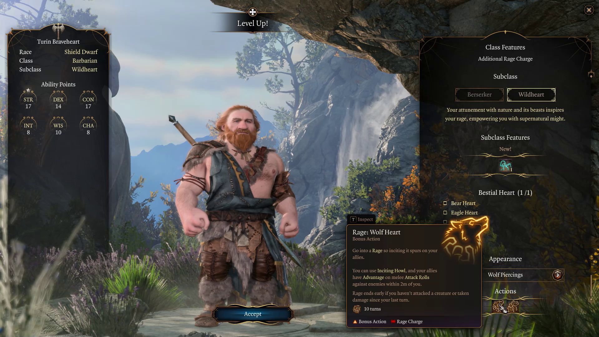 Baldur&rsquo;s Gate 3 Barbarian Wildheart Subclass with Wolf Heart and Inciting Howl