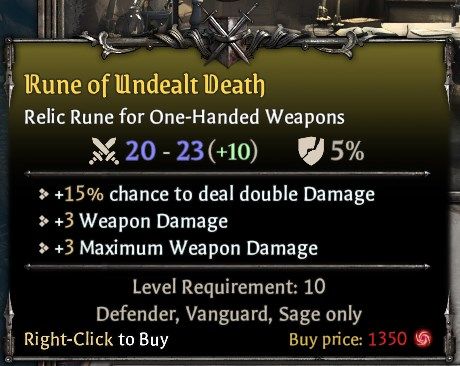 Defender Equipment - Rune of Undealt Death One-Handed Weapon