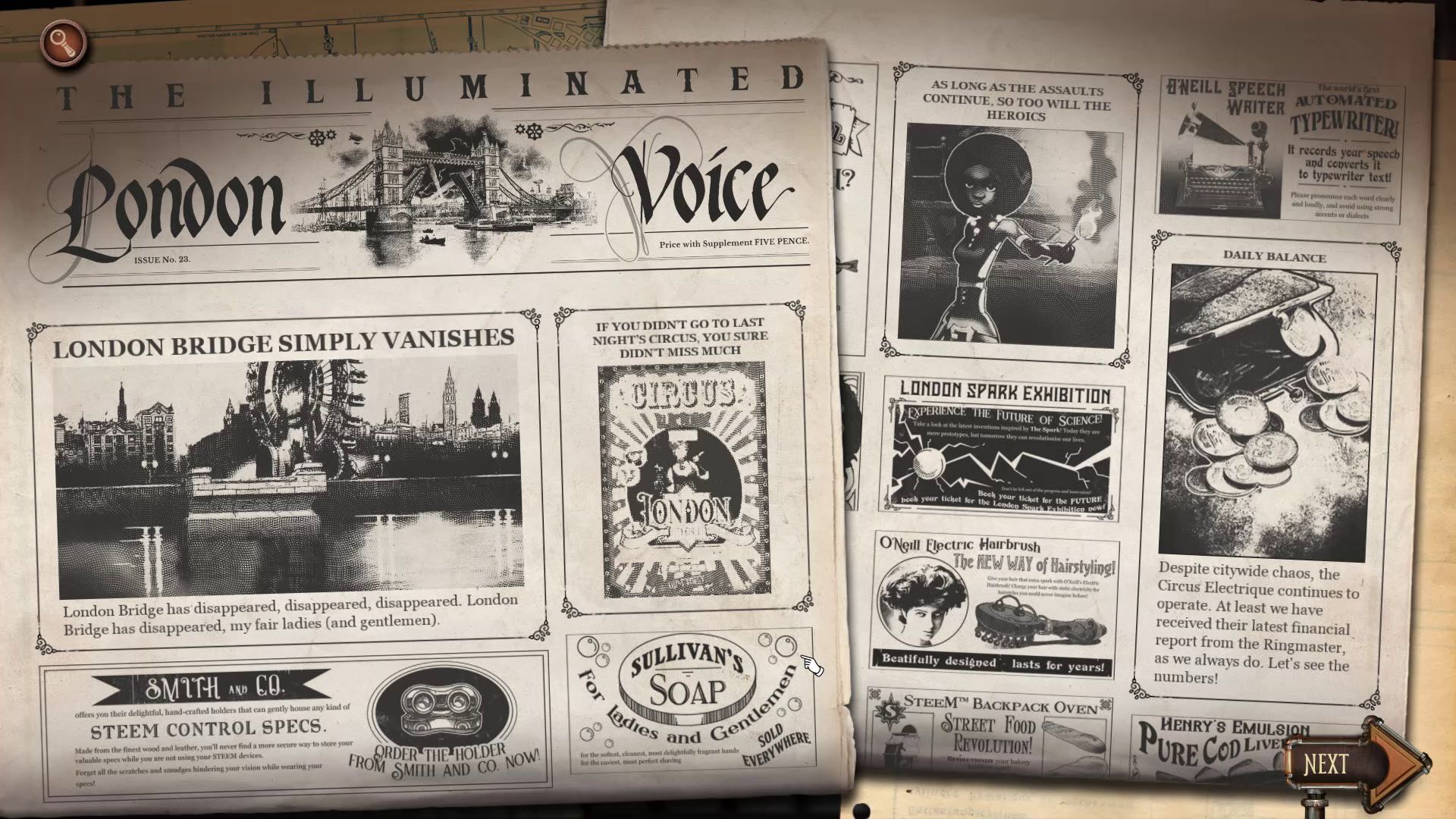 Circus Electrique - Cluttered UI of the Newspaper