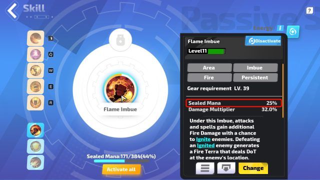 Flame Imbue Passive Skill with Sealed Mana
