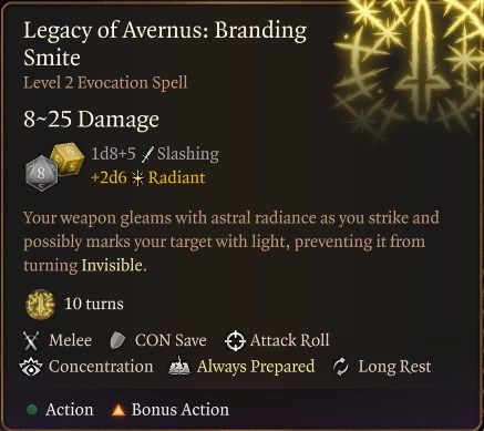 Baldur&rsquo;s Gate 3 Paladin Level 3 - Legacy of Avernus Branding Smite Spell