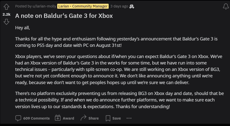 Baldur&rsquo;s Gate 3 Xbox Version Faces &ldquo;Technical Issues&rdquo;