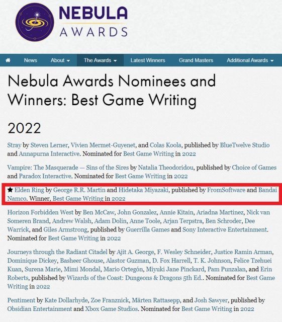 Elden Ring wins Best Game Writing at the Nebula Awards.