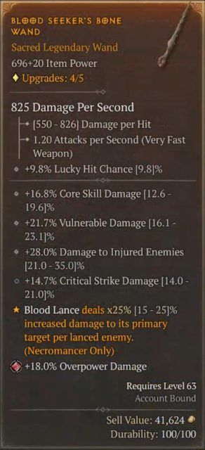 Blood Lancer D4 Necromancer Build - Blood Seeker&rsquo;s Bone Wand for Blood Lance to Deal Increased Damage