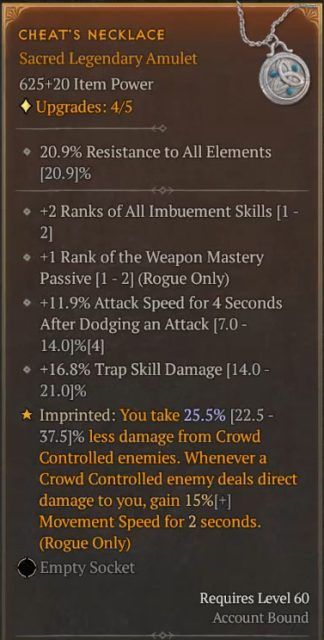 Cheat&rsquo;s Necklace Sacred Legendary Aspect to Take Less Damage from Crowd Controlled Enemies