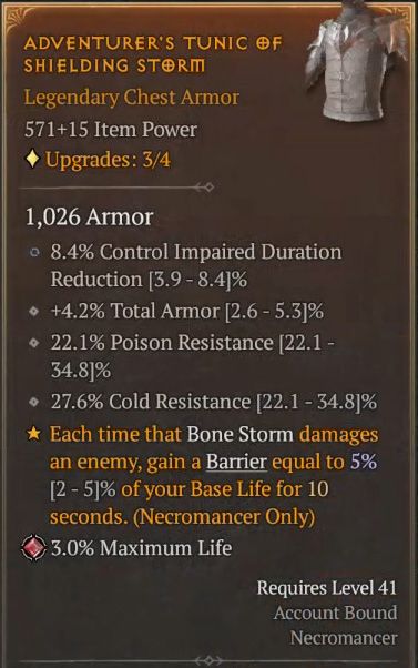 D4 Necro Build - Adventurer&rsquo;s Tunic of Shielding Storm to Gain a Barrier When Bone Storm Damages an Enemy