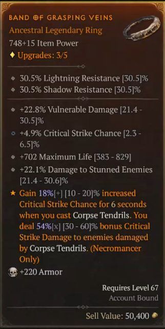 D4 Necro Build - Band of Grasping Veins to Increase the Critical Strike Chance of Corpse Tendrils
