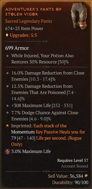 D4 Rogue Build - Aspect of Stolen Vigor to Restore Health Per Stack of Momentum Key Passive