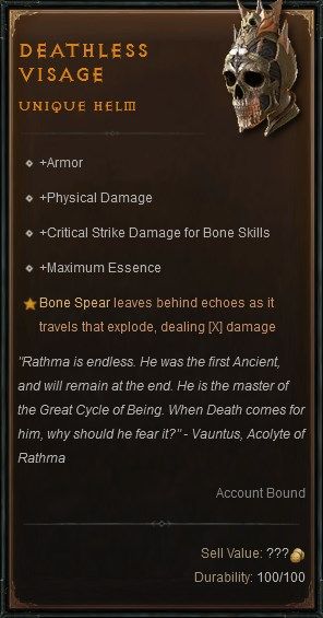 Deathless Visage Unique Helm for the Necromancer Class