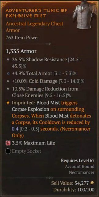 Diablo 4 Bloodshadow Necro Build - Adventurer&rsquo;s Tunic of Explosive Mist to Detonate Corpse Explosion