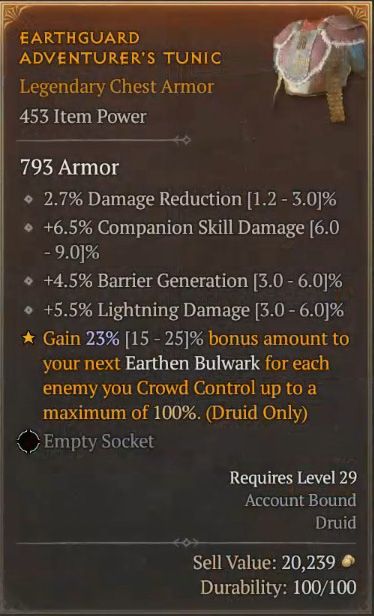 Diablo 4 Druid Build - Earthguard Adventurer&rsquo;s Tunic to Gain a Bonus on Earthen Bulward