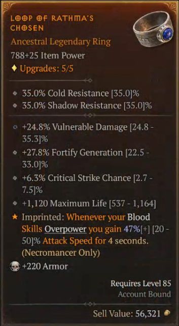Diablo 4 Fate Lancer Necromancer Build - Loop of Rathma&rsquo;s Chosen to Gain Attack Speed when Blood Skills Overpower