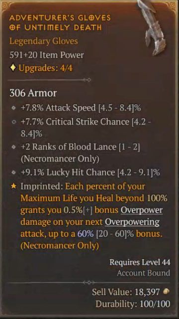 Diablo 4 Necromancer Build - Blood Lancer with the Adventurer&rsquo;s Gloves of Untimely Death