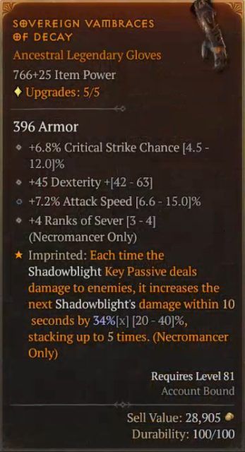 Diablo 4 Necromancer Build - Grim Reaper Sovereign Vambraces of Decay to Increase Shadowblight&rsquo;s Damage