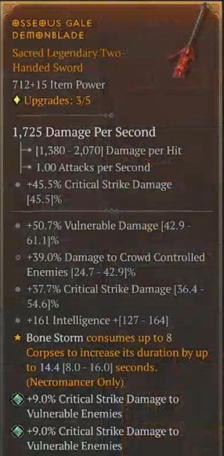 Diablo 4 Necromancer Build Spirit Bomber - Osseous Gale Demonblade to Increase the Duration of Bone Storm