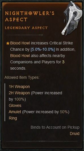 Diablo 4 Nighthowler&rsquo;s Aspect to Increase the Critical Strike Chance of Blood Howl