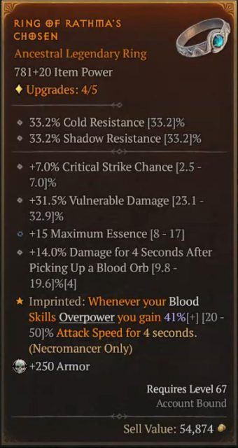 Diablo 4 - Ring of Rathma&rsquo;s Chosen to Gain Increased Attack Speed When Overpowering