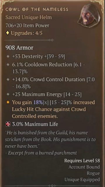 Diablo 4 Rogue Build with Cowl of the Nameless to Increase Lucky Hit Chance