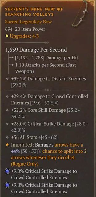 Diablo 4 Rogue Build with the Serpent&rsquo;s Bone Bow of Branching Volleys