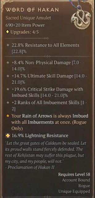 Diablo 4 Rogue Build with the Word of Hakan to Imbue Rain of Arrows with All Imbuements