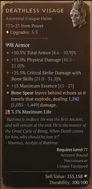 Diablo 4 White Walker Necromancer Build - Deathless Visage Unique Helm for Bone Spear to Leave Behind Echoes