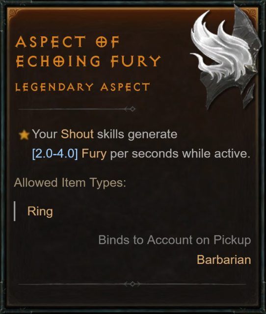 Diablo IV Aspect of Echoing Fury for Shout Skills to Generate Fury