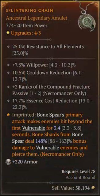 Diablo IV Splintering Chain for Bone Spear&rsquo;s Primary Attack to Make Enemies Vulnerable