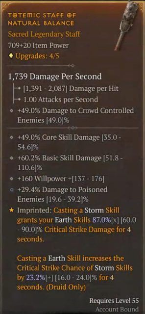 Nature&rsquo;s Fury D4 Druid Build - Totemic Staff of Natural Balance to Grant Earth Skills with Critical Strike Damage