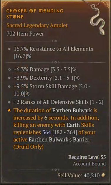 Nature&rsquo;s Fury Diablo IV Druid Build - Choker of Mending Stone Amulet to Increase Duration of Earthen Bulwark