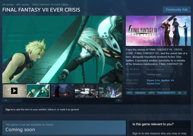 Final Fantasy 7: Ever Crisis Steam page now live. Release date &lsquo;Coming Soon&rsquo;.