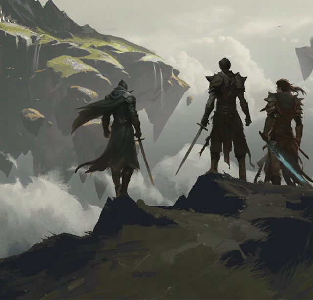 Concept Art shows swords, heavy armor on floating islands in Ghost